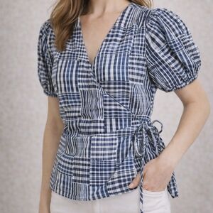 J. Crew Puff Sleeve Wrap Top Patchwork Indigo Blue Cotton Medium